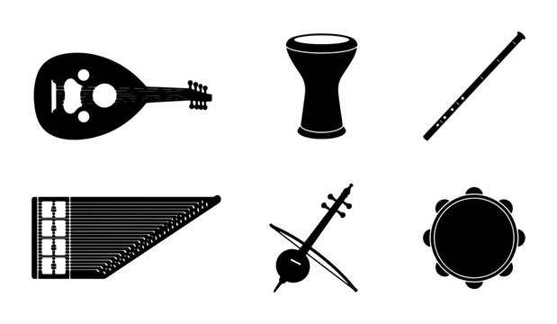 Middle Eastern Musical Instruments Vector Icons, Oud, Darbuka, Ney Flute
