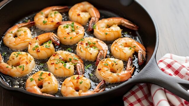 Garlic shrimp scampi in cast iron skillet.