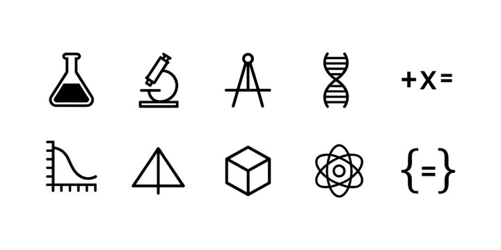 Science and math icon collection featuring flask, microscope, DNA, algebra, graph, geometry shapes, atom, programming symbols