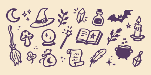 Fototapeta premium Witchcraft Doodle Set Hand Drawn Vector Illustration
