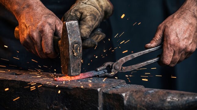 Blacksmith's gloved hands expertly hammer intensely glowing metal on an anvil, creating a powerful shower of sparks. Traditional metal forging craftsmanship in action