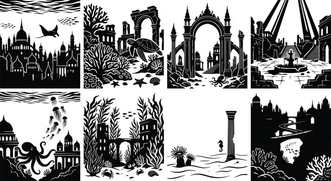 Black Silhouette Vector Set of Underwater Atlantis Ruins Featuring Domes, Columns, Marine Life, Coral, and Mythical Ocean Architecture