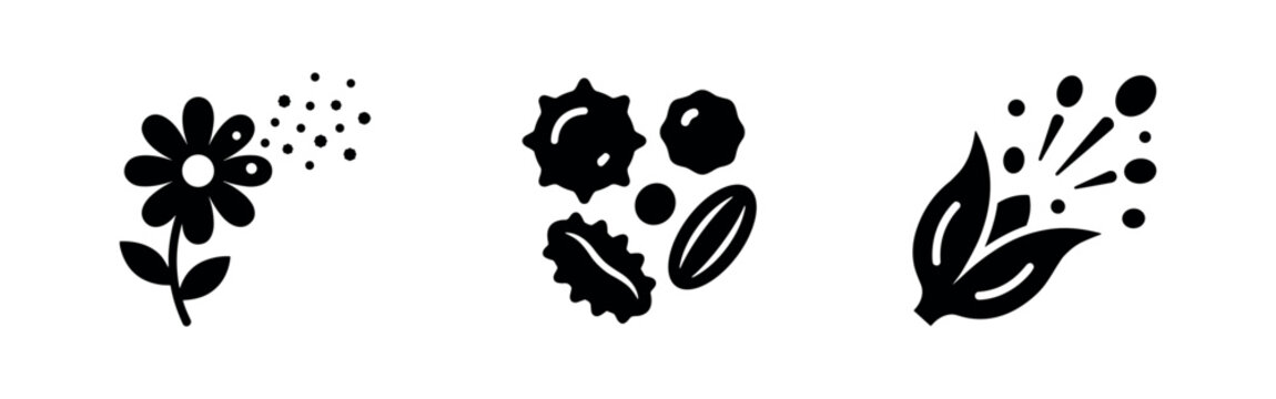 Allergy Season Icons Set with Pollen-Releasing Flower and Microscopic Pollen Grains