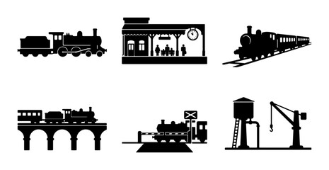 Obraz premium Vintage Train Icons Set, Retro Locomotive Silhouettes, Railway Station Graphics