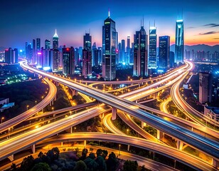 Fototapeta premium Cityscape at dusk with highway interchange.