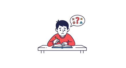 Boy sitting at desk confused.