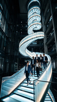 Business Team Climbing Glowing Staircase of Success in Modern Atrium