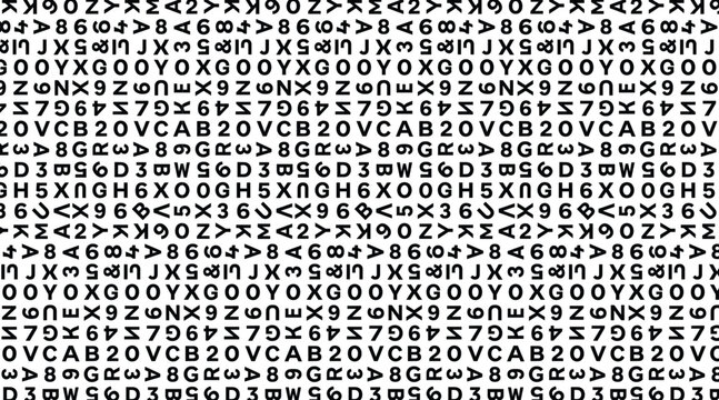 A dense and seamless monochrome vector pattern featuring a precise grid of letters, numbers, and symbols, perfect for cyber security, data privacy, and futuristic tech design themes