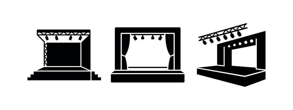 Stage icon set. Performance, theater, and concert venue symbols with lights and curtains.