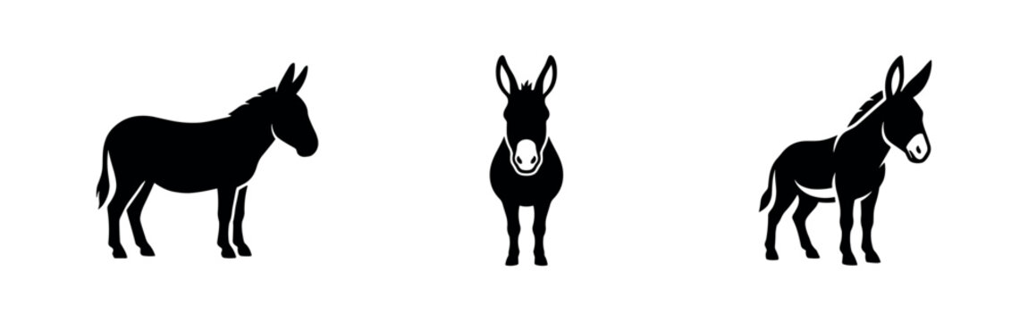 Donkey Animal Silhouette Icons Set. Farm and Pack Animal Symbols for Rural Life.