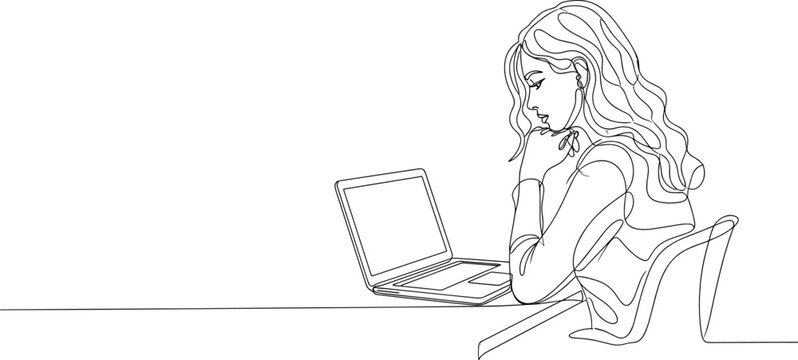 Woman working on laptop line art drawing with continuous single line minimalist female character studying browsing or freelancing at desk.