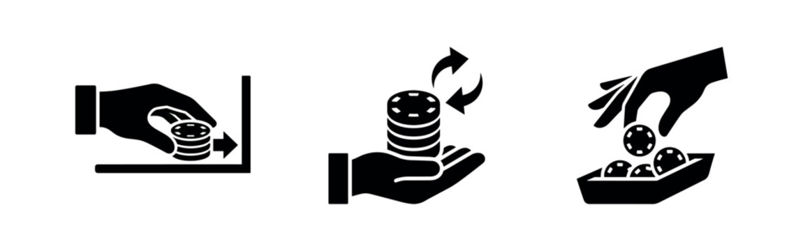 Casino chips and hand icons set. Betting and gambling symbols. Vector black silhouette design.