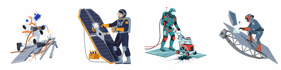 Set of illustrations depicting astronauts performing maintenance and welding repairs on solar panels in a futuristic space environment. © Nia