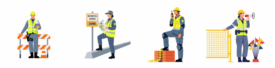 Obraz premium Set of construction site workers and security personnel in uniform with safety equipment, blueprints, and communication tools