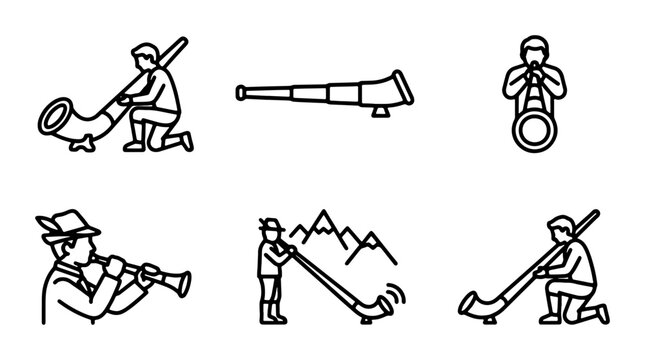 Alpine Horn Players, Swiss Musicians, Traditional Instruments Vector Icons