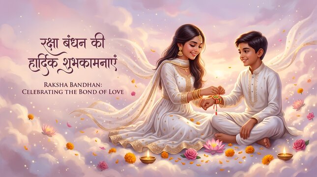 Happy Raksha Bandhan Sister Tying Rakhi to Brother in Dreamlike Setting Festival Greeting Card Illustration