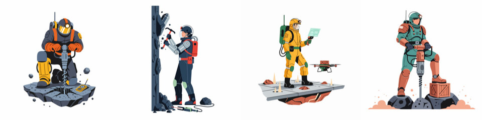 Set of futuristic space miners and astronauts equipped with advanced technology for resource extraction on alien planets and asteroids, flat vector illustration. © Nia