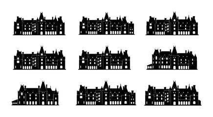 Obraz premium Victorian Building Silhouettes, Ornate Architecture Icons, Historic Facade Vector Set