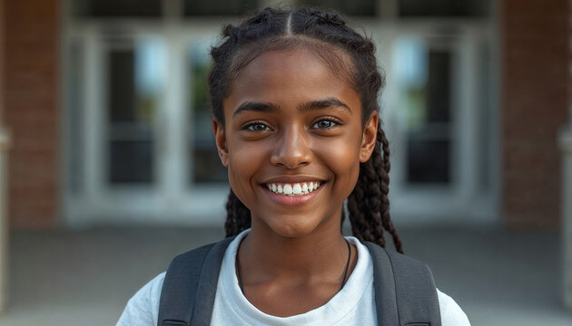 A radiant young girl with braided hair smiles confidently, embodying the excitement of new beginnings. Her backpack symbolizes readiness for an educational journey and a bright future