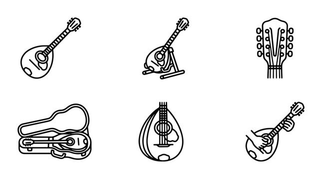 Mandolin Icons Set, String Instrument Graphics, Musical Equipment Vector Collection