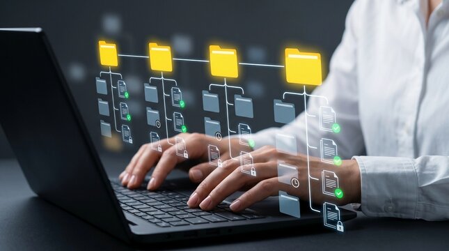 Document Management System DMS with Folder Structure. Classification System with File and Folder Icons. Businessman Using Laptop