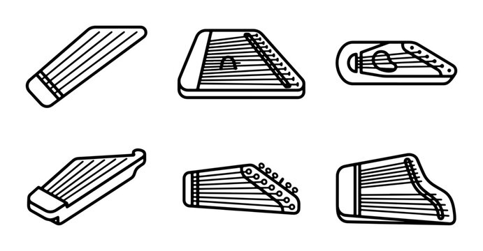 Zither Instruments Collection, String Music Icons, Folk Instrument Vector Set