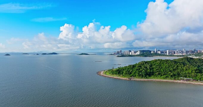 Aerial view of the beautiful coastline and modern city skyline in Zhuhai, China