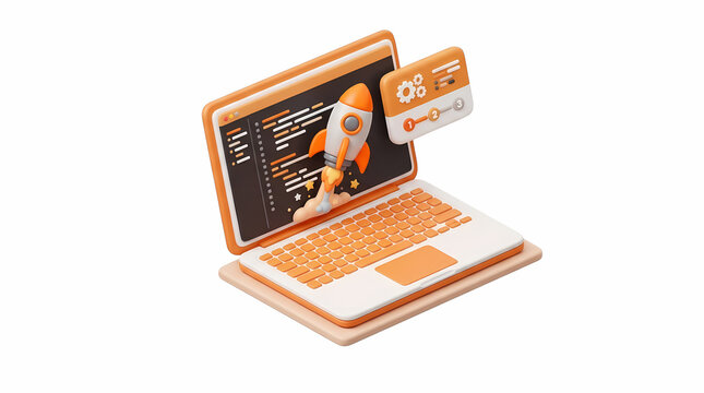 3D laptop computer showing web development and rocket launch