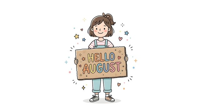 Hello August Minimalist Doodle Girl Holding Cardboard Sign