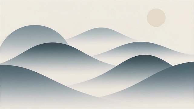 Elegant minimalist background featuring layers of smooth wavy slate blue hills and a soft golden sun.