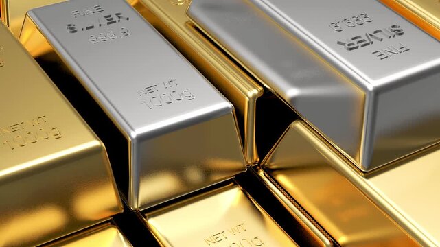 Close rotating view of stacked gold and silver bullion bars with engraved purity and weight markings, reflecting light in a luxury precious metals 3D render