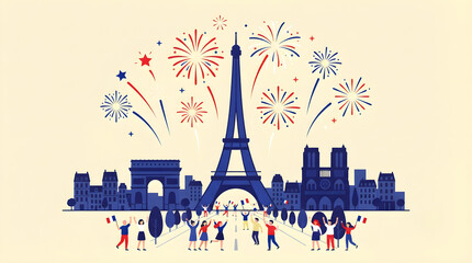 Bastille Day Fete Nationale Vector Illustration, Flat Design Paris Skyline Banner with Eiffel Tower, Grand Fireworks Display, Crowds Waving French Flags, and Seine River Cruise