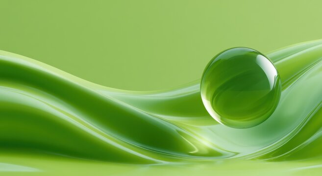 Green transparent glass sphere resting on smooth wavy fluid surface, abstract 3d render with eco liquid wave background concept