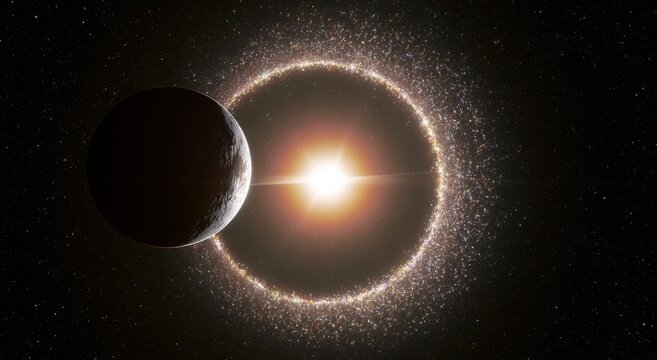 Exotic alien planet with glowing star ring in deep space, cosmic scene with bright sun and sparkling stellar ring system