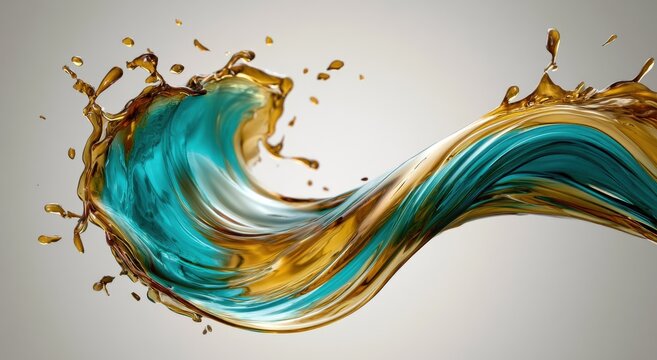 Blue and gold liquid splash wave in mid air, abstract fluid art with swirling colorful paint motion and elegant dynamic flow