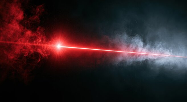 Red laser beam cutting through smoke on black background, bright glowing light ray with futuristic technology and sci-fi effect
