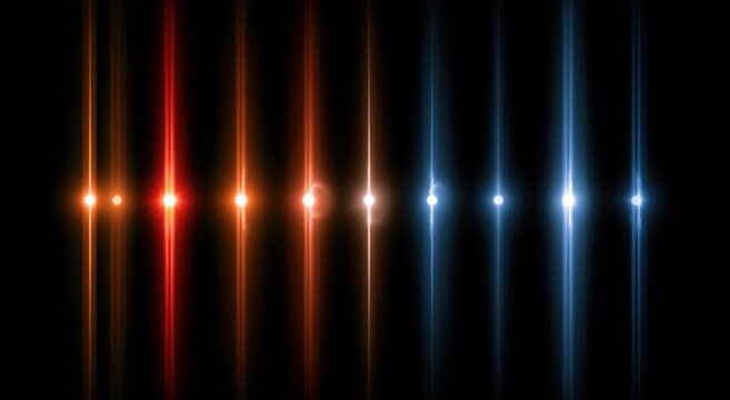 Vertical colorful light beams spectrum on black background, glowing optical lines with warm to cool gradient and modern lighting