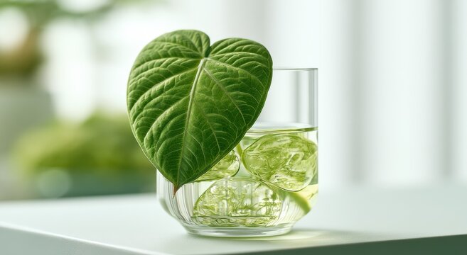 Heart shaped green leaf in glass cup with ice cubes, fresh natural herbal drink concept on white table with eco friendly theme