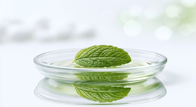 Fresh mint leaf floating on liquid in glass petri dish, natural herbal skincare concept with reflection and organic beauty science