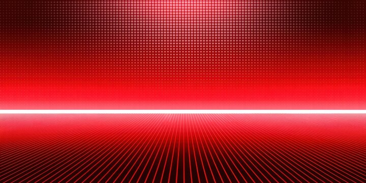 Red futuristic stage background with perspective grid lines and glowing light, modern technology showcase scene with empty space