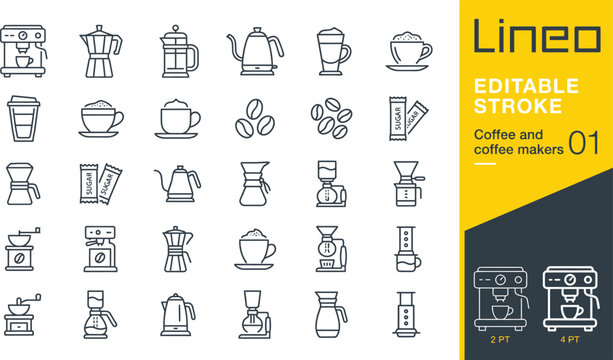 Coffee makers and drink icons show different brewing equipment and beverage styles in line art.
