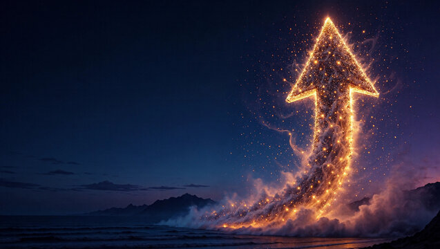 Glowing fiery upward arrow rising from the ocean at night, business growth and success concept