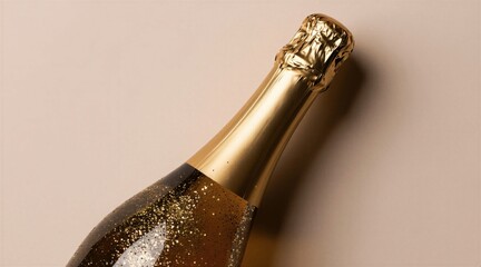 Fototapeta premium Gold champagne bottle with glitter. Celebratory bubbly drink ready to pour for special event. Festive occasion beverage in luxurious packaging for party.