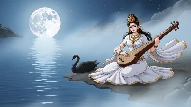 Sublime spiritual scene of Goddess Saraswati playing her sacred Veena by a tranquil moonlit river, with a silent black swan amidst the