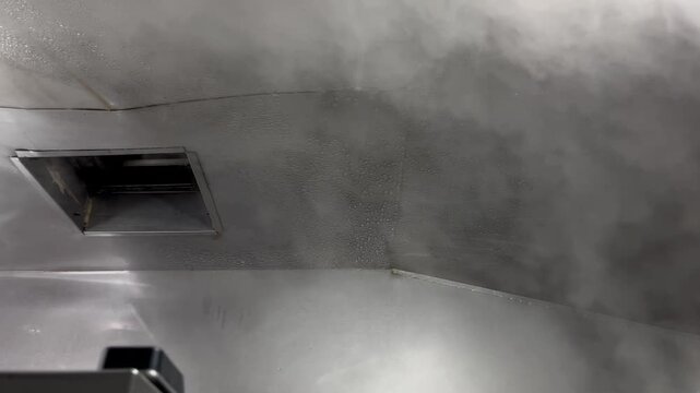 Steam generated from industrial cooking operations rising toward an exhaust hood and forming condensation droplets. Example of moisture management, ventilation systems, and environmental conditions in