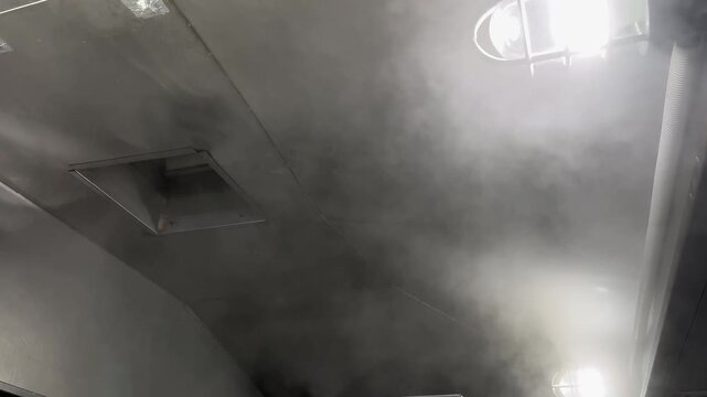 Steam generated from industrial cooking operations rising toward an exhaust hood and forming condensation droplets. Example of moisture management, ventilation systems, and environmental conditions in