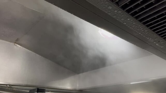 Steam generated from industrial cooking operations rising toward an exhaust hood and forming condensation droplets. Example of moisture management, ventilation systems, and environmental conditions in