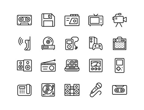 Retro legacy tech gadgets icons collection with adjustable stroke weight