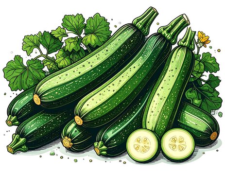 Fresh green zucchini squash bunch on white background.