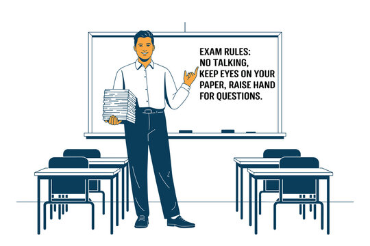 Teacher standing in front of a whiteboard with exam rules in a classroom setting